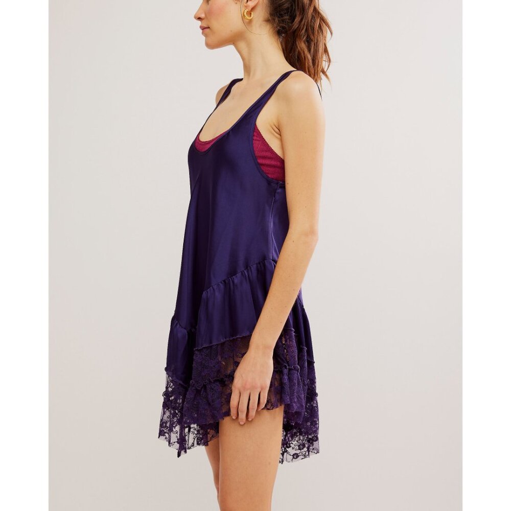 Free People Deep Purple Satin Slip Dress with Lace Trim - Picture 5 of 9